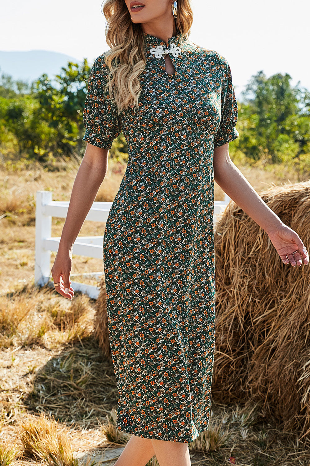 Women Graceful Printed Style Short Sleeve Breathable Mid Length Thin Comfy Dress