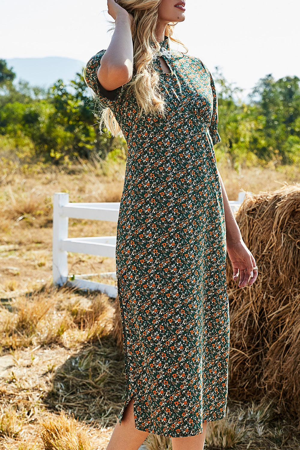 Women Graceful Printed Style Short Sleeve Breathable Mid Length Thin Comfy Dress