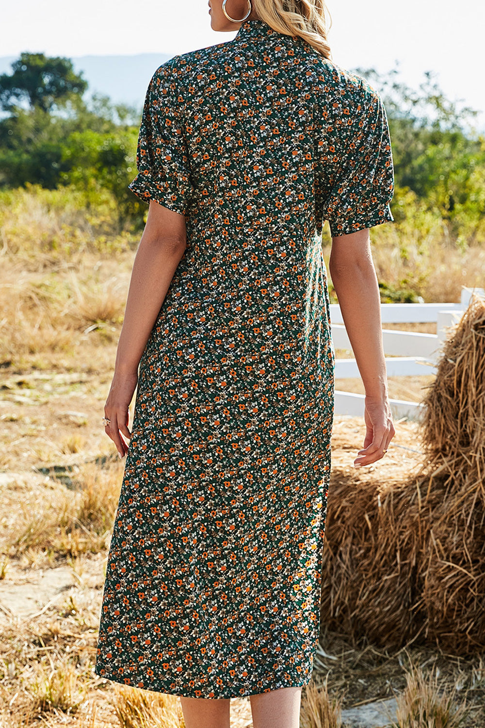 Women Graceful Printed Style Short Sleeve Breathable Mid Length Thin Comfy Dress