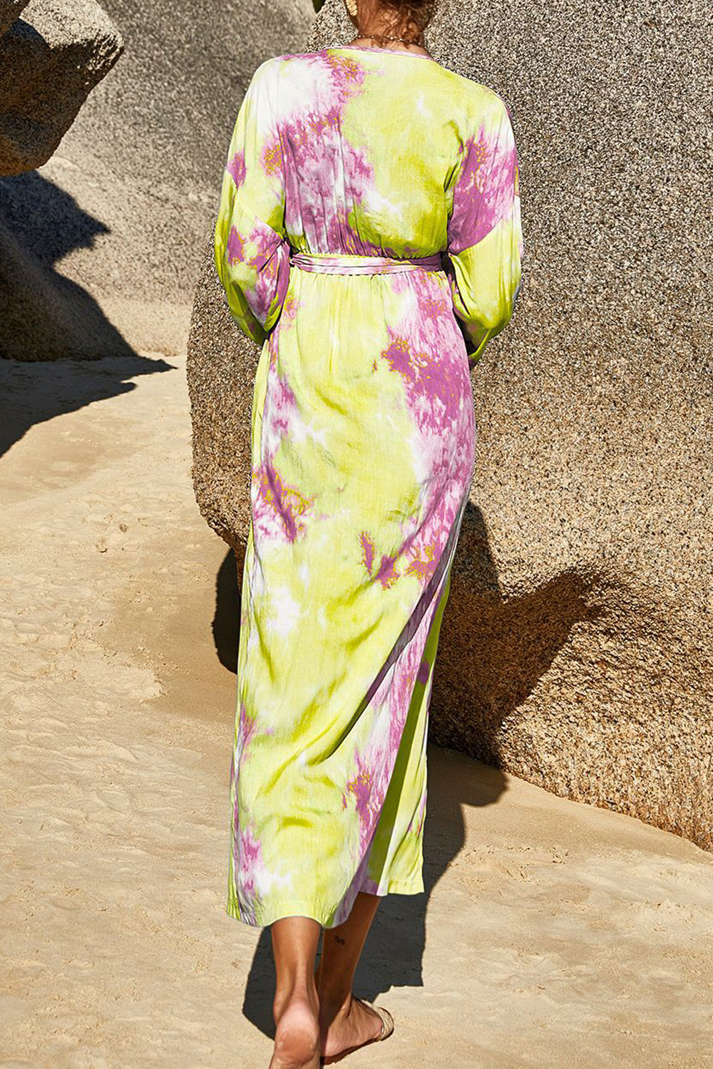 Women Loose Long Sleeve Fascinating V-Neck Tie Dye Pattern Slit Hem Dress