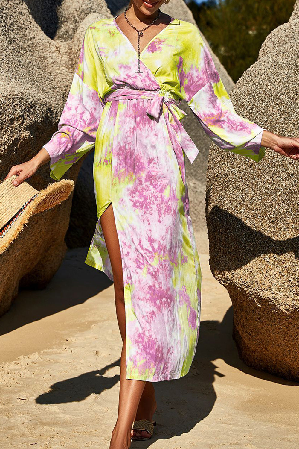 Women Loose Long Sleeve Fascinating V-Neck Tie Dye Pattern Slit Hem Dress