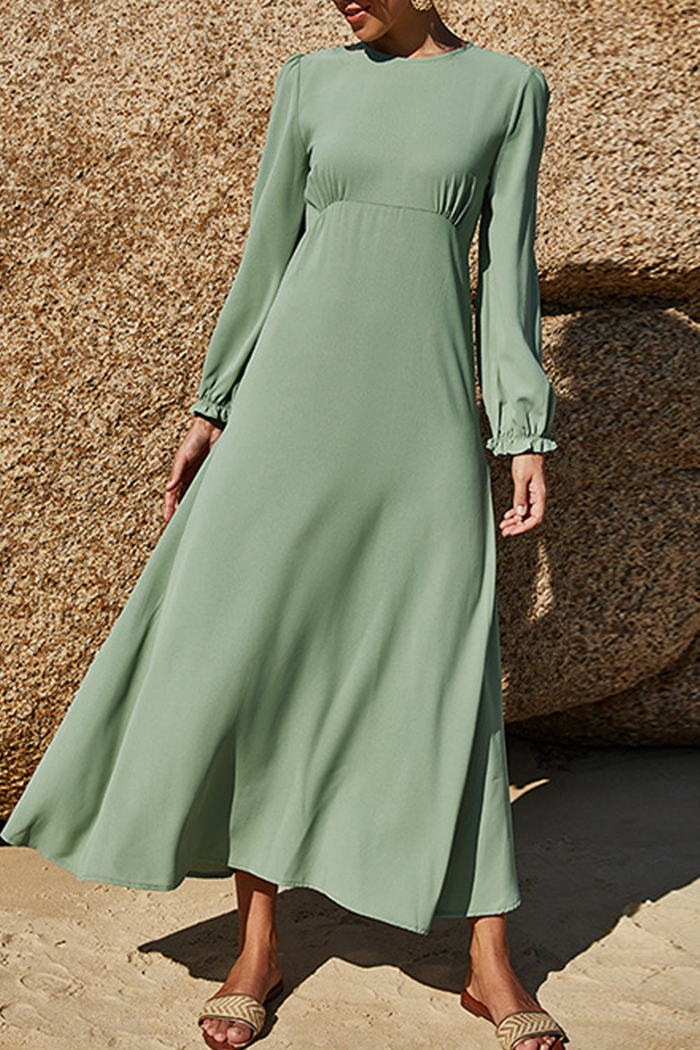 Women Loose Long Sleeve Summer Round Neck Solid Pattern Long Length Ventilated Dress