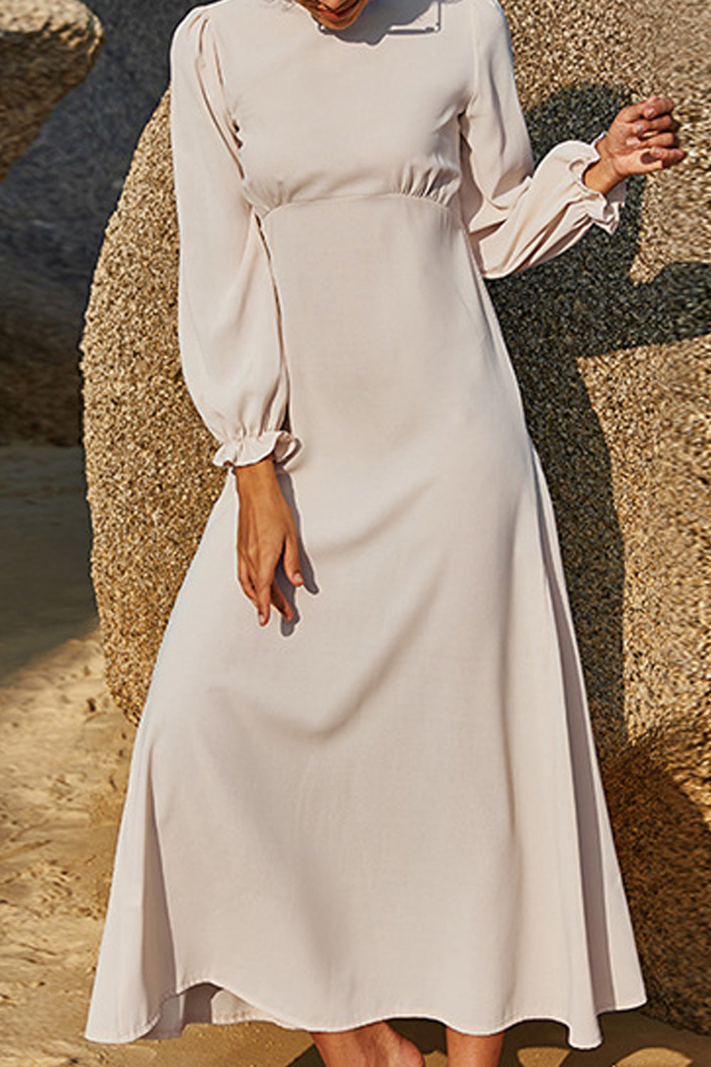 Women Loose Long Sleeve Summer Round Neck Solid Pattern Long Length Ventilated Dress