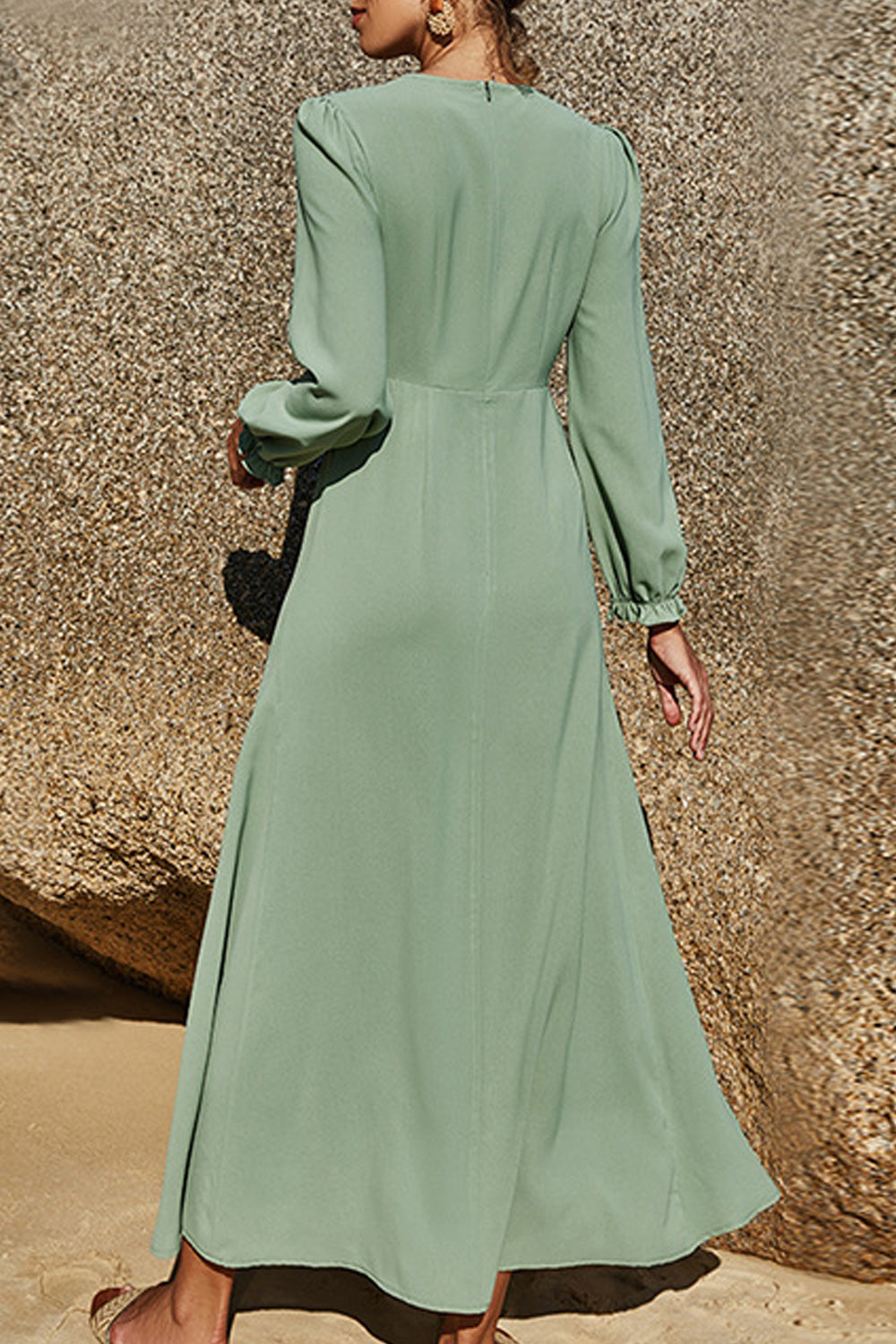 Women Loose Long Sleeve Summer Round Neck Solid Pattern Long Length Ventilated Dress