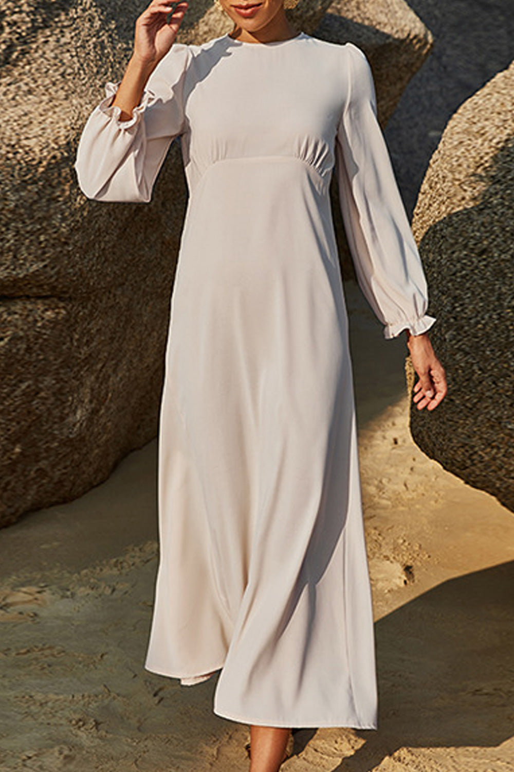 Women Loose Long Sleeve Summer Round Neck Solid Pattern Long Length Ventilated Dress