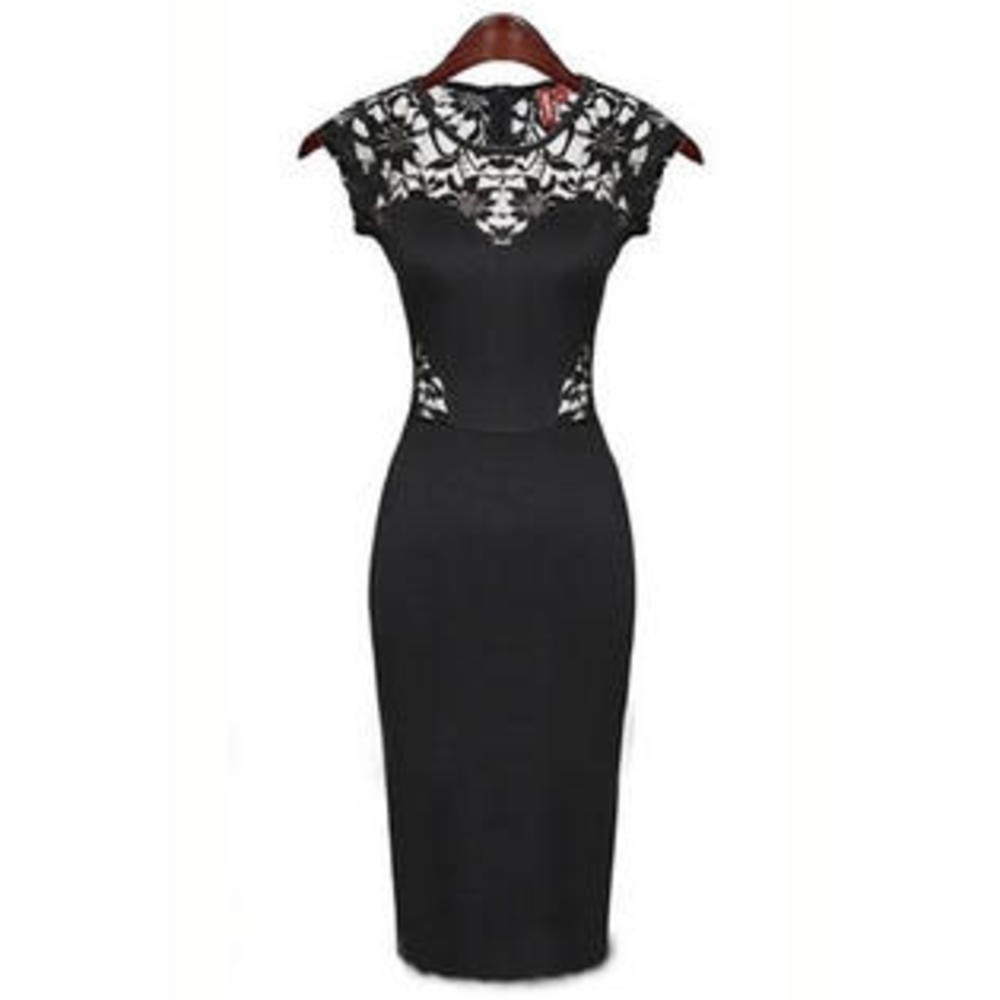 Women Cup Sleeve Bodycon Lace Dress Black