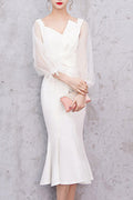 Women Simple Solid pattern Trendy Irregular Style Thin Long Sleeve Evening Party Dress