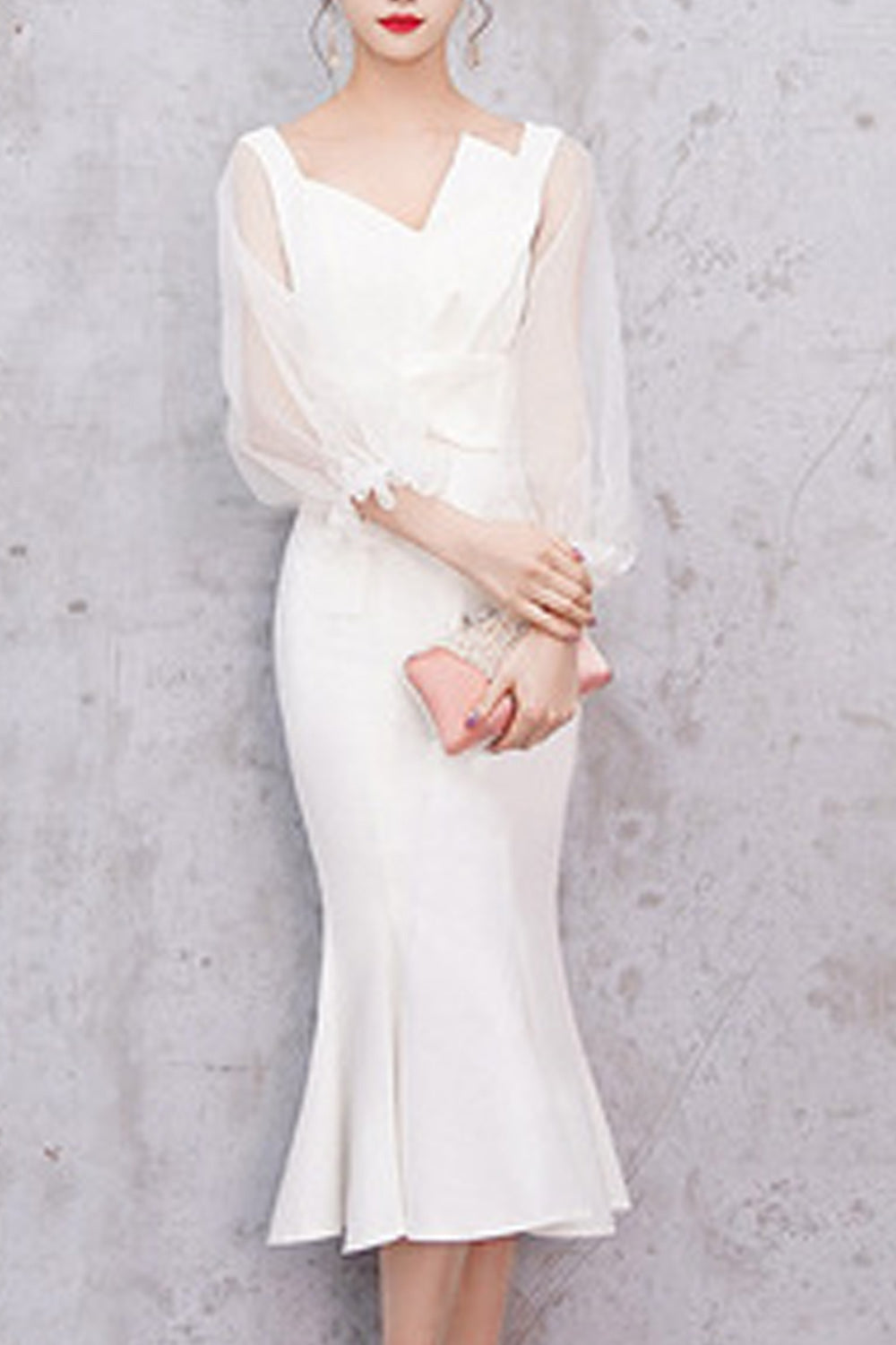 Women Simple Solid pattern Trendy Irregular Style Thin Long Sleeve Evening Party Dress