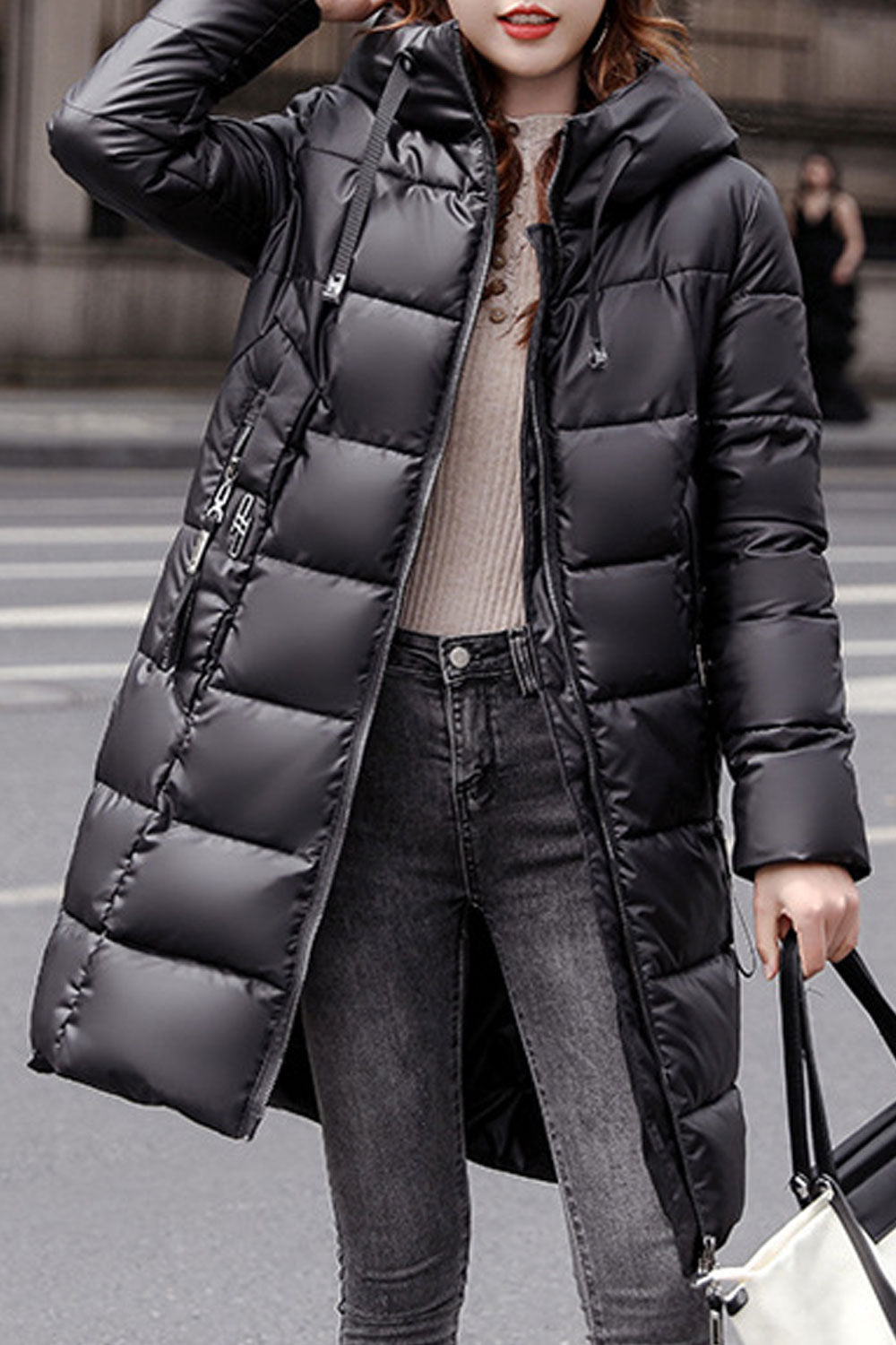 Women Adjustable Drawcord Loose Long Padded Jacket