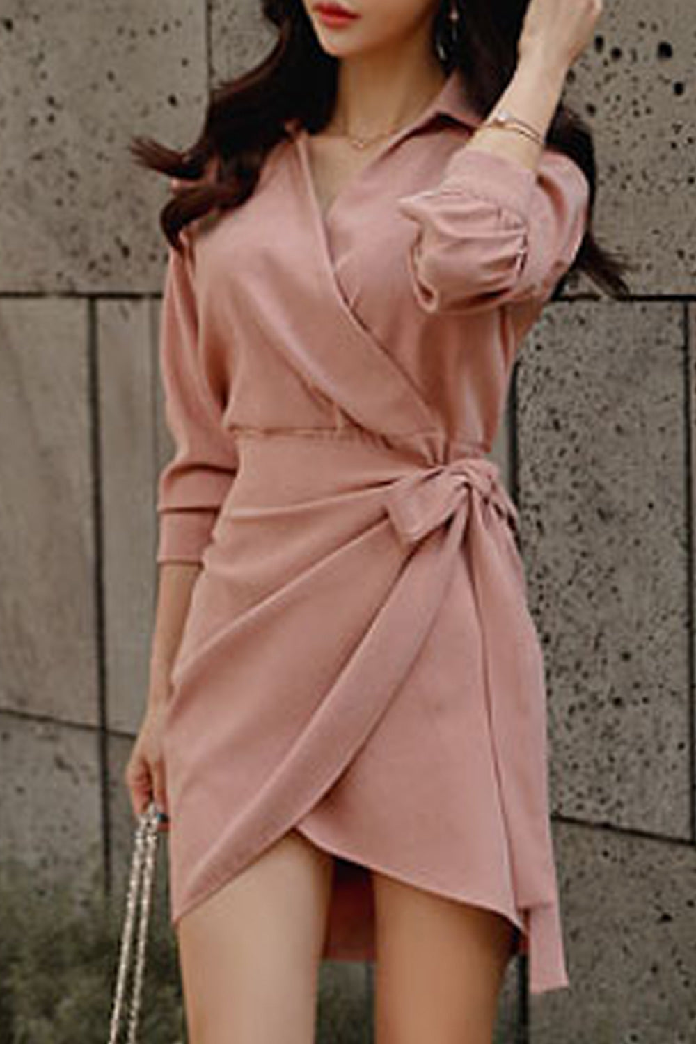 Women Long Sleeve Lightweight Solid Colored Knotted Waist Collar Neck Amazing Dress