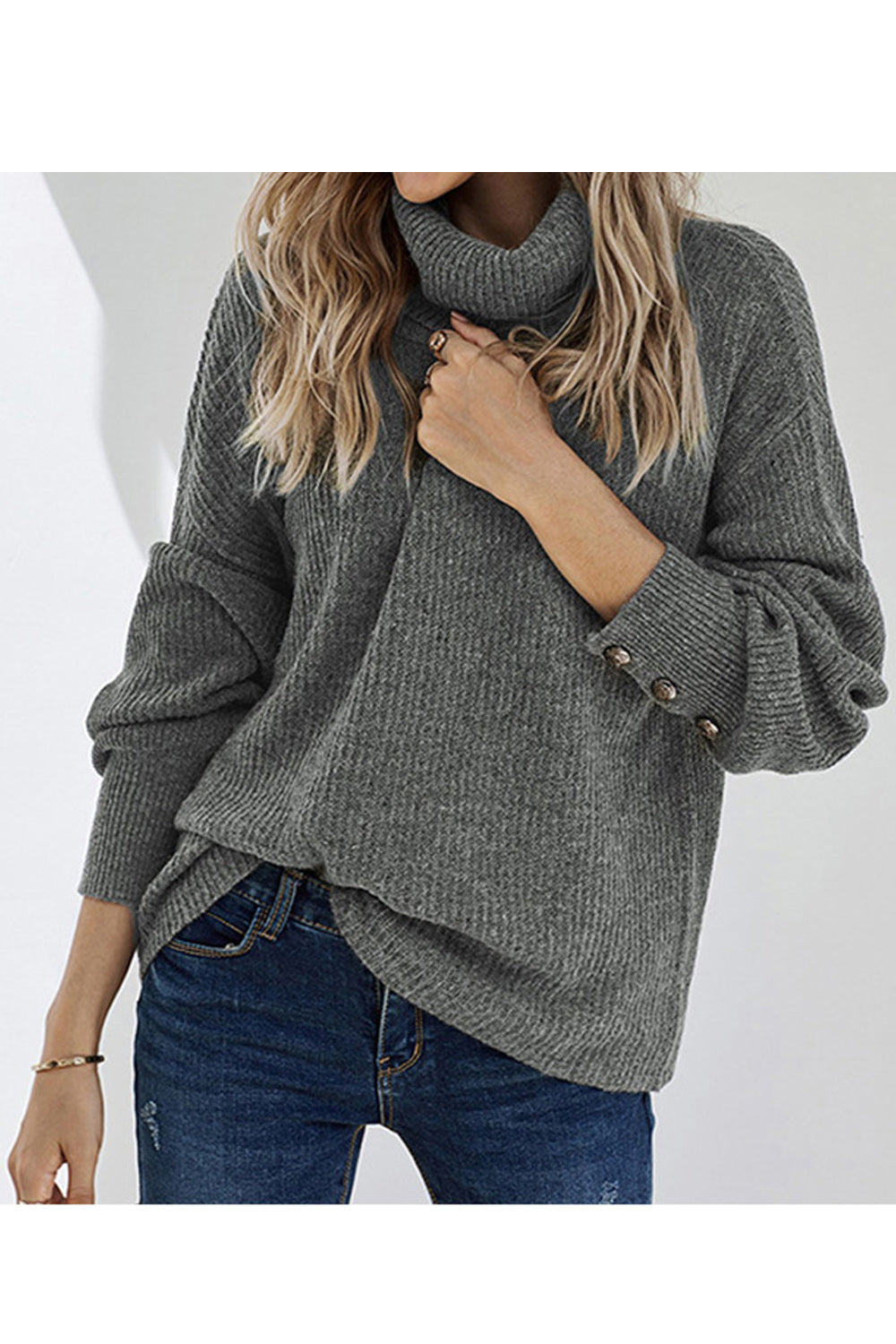 Women Awesome Solid Pattern High Neck Loose Fit Sweater