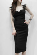 Women Slim Fit Modish Lace Shoulder Solid Colored Awesome Party Dress