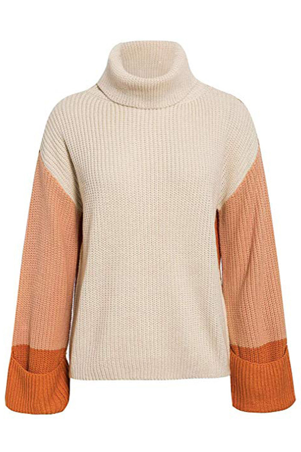 Women Warm Contrast Color Long Sleeve Turtle Neck Soft Sweater