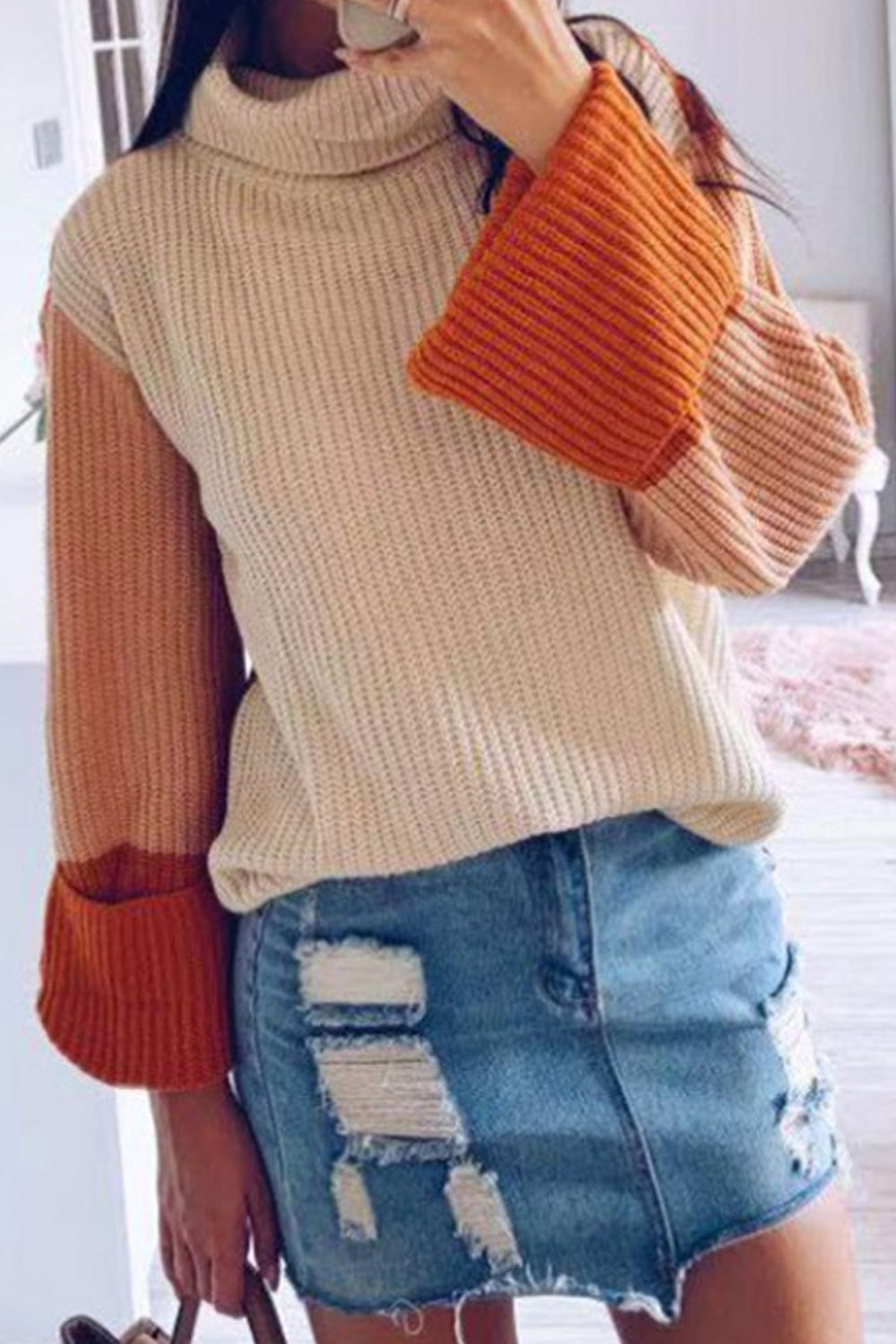 Women Warm Contrast Color Long Sleeve Turtle Neck Soft Sweater