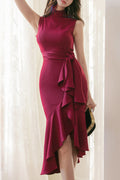 Women Irregular Ruffled Hem Sleeveless Stand Up Collar Solid Colored Beautiful Dress