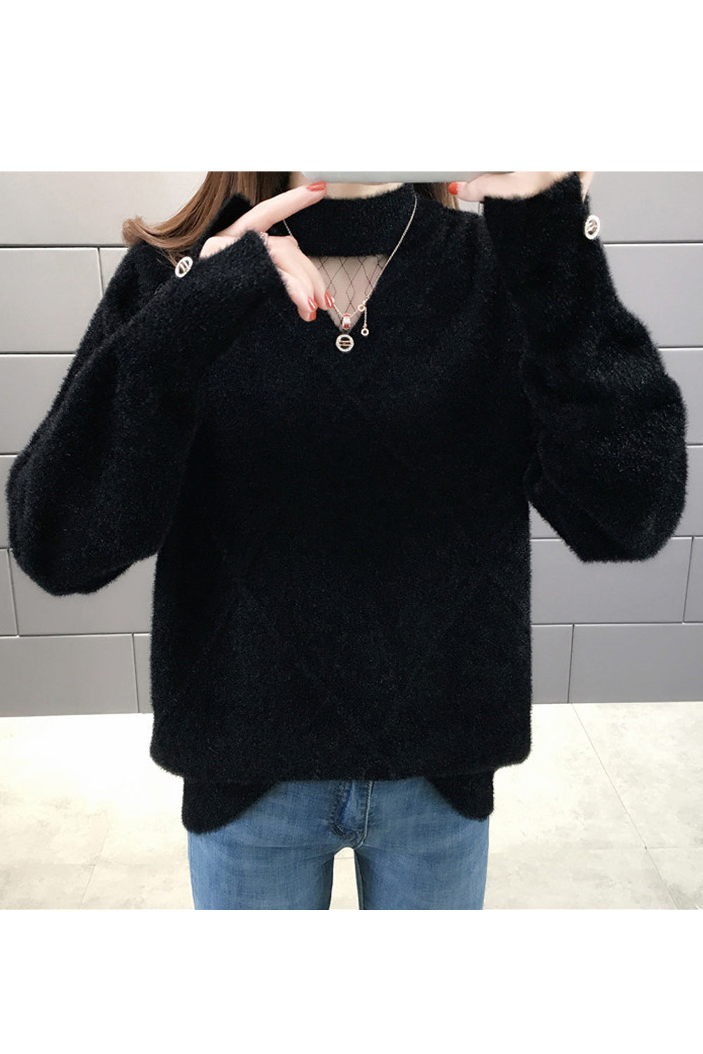 Women Stylish Round Neck Loose Fit Slipt Long Sleeve Warm Sweater