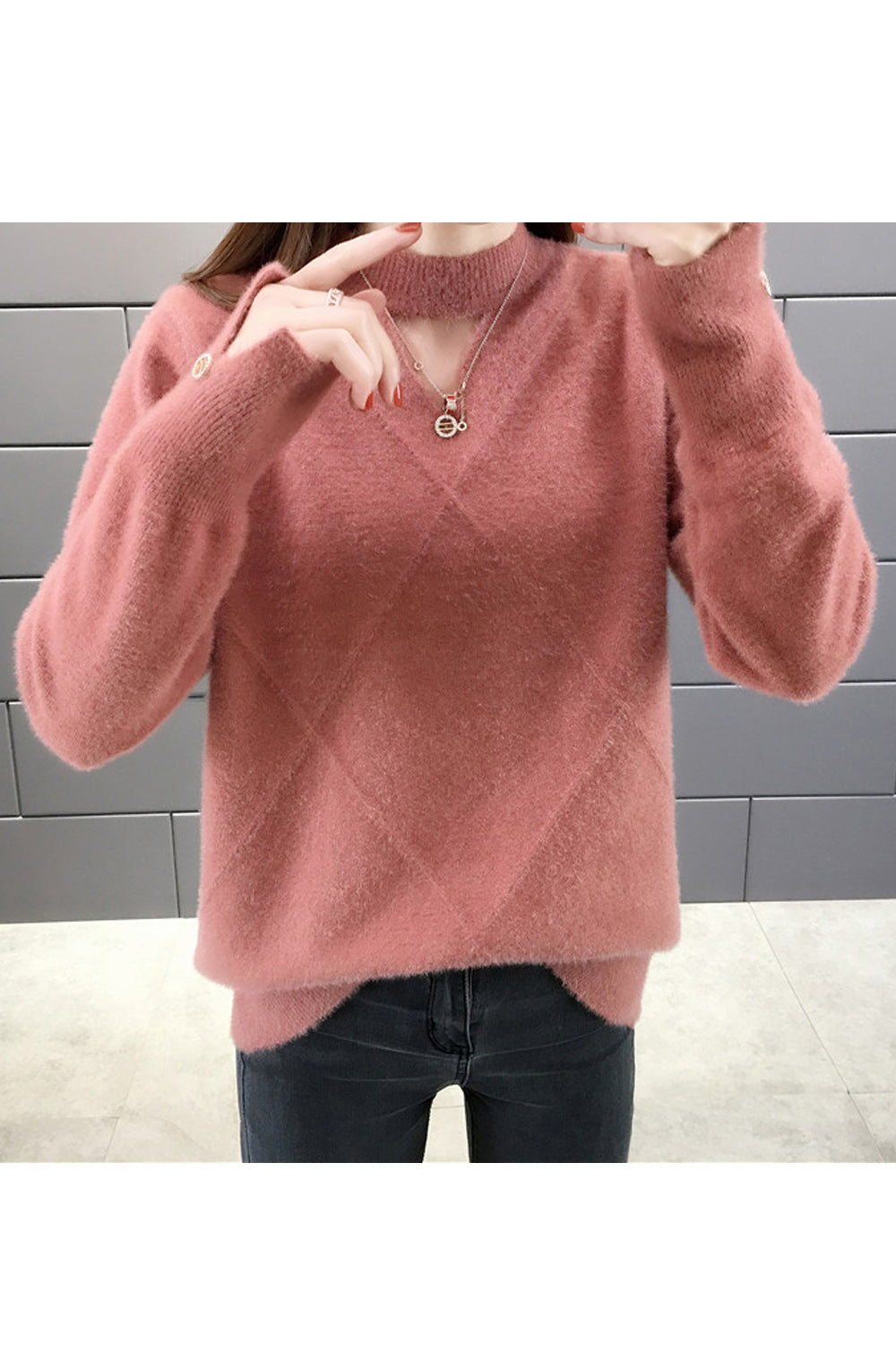 Women Stylish Round Neck Loose Fit Slipt Long Sleeve Warm Sweater
