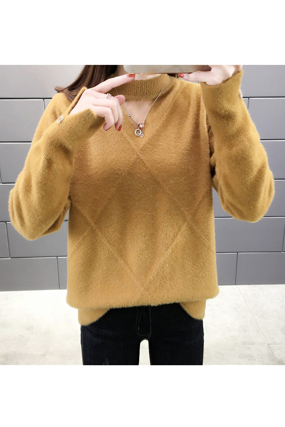 Women Stylish Round Neck Loose Fit Slipt Long Sleeve Warm Sweater