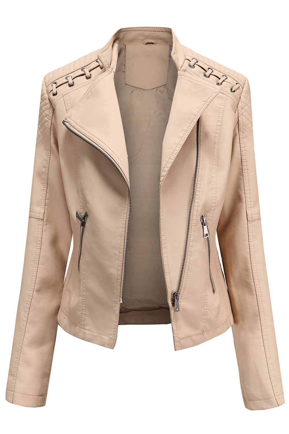 Women Stylish Solid Color Zipper Closure Warm Leather Jacket