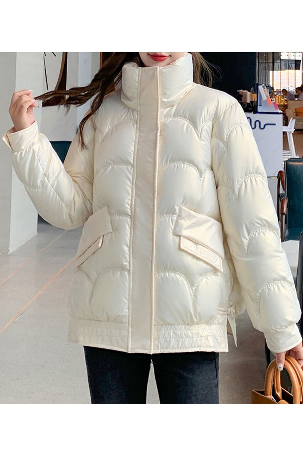 Women Elegant Solid Colored Pretty High Neck Lightweight Padded Jacket
