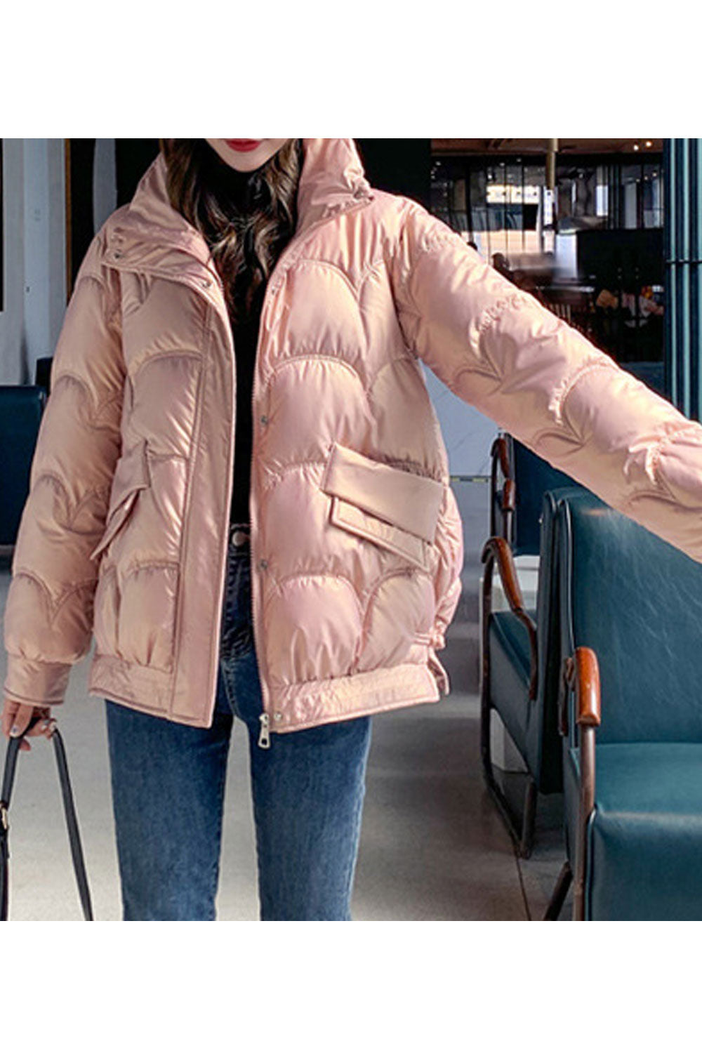 Women Elegant Solid Colored Pretty High Neck Lightweight Padded Jacket