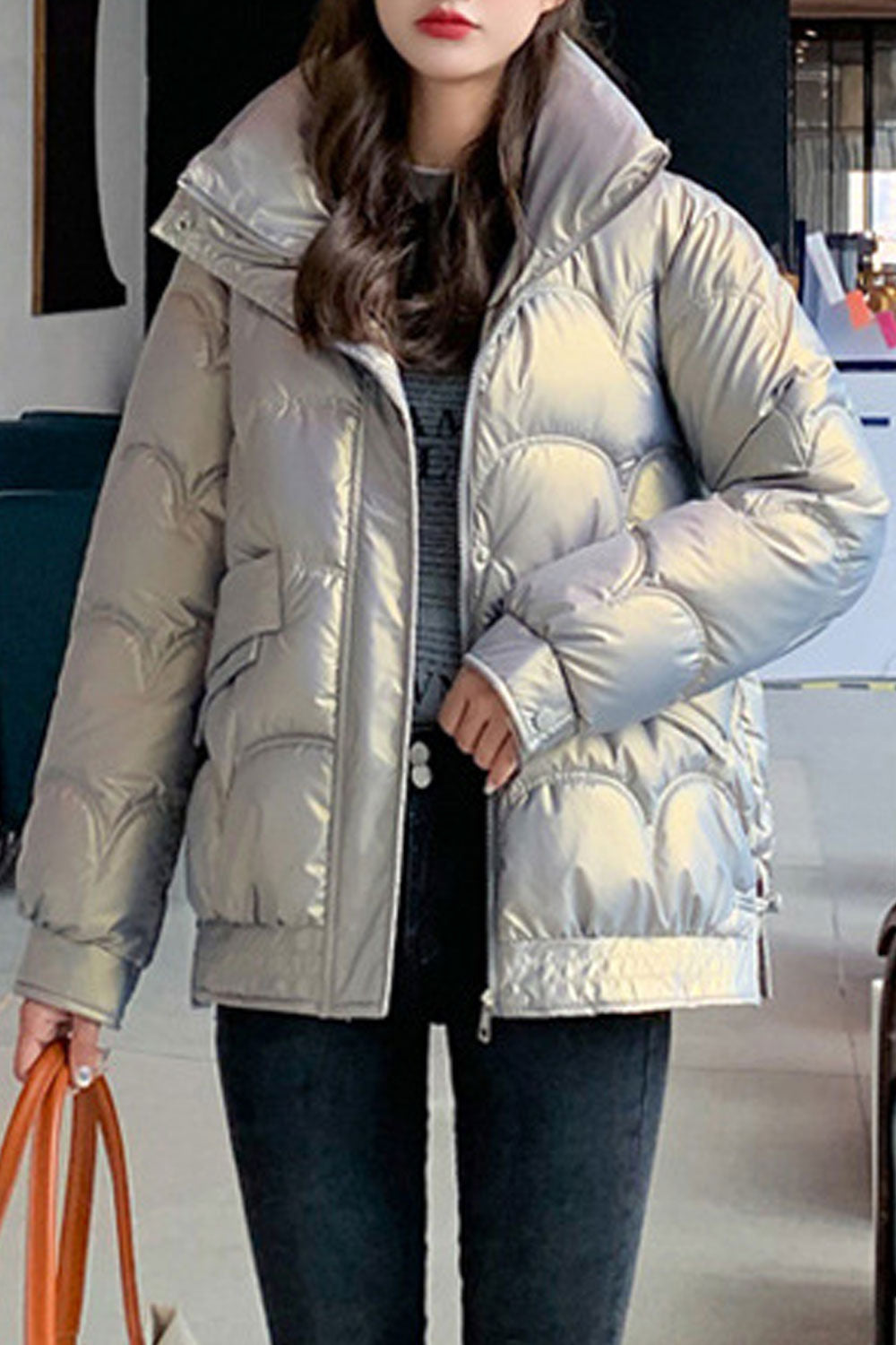 Women Elegant Solid Colored Pretty High Neck Lightweight Padded Jacket