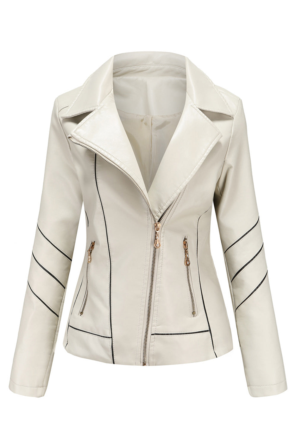 Women Easy Zipper Closure Long Sleeve Solid Pattern Leather Jacket