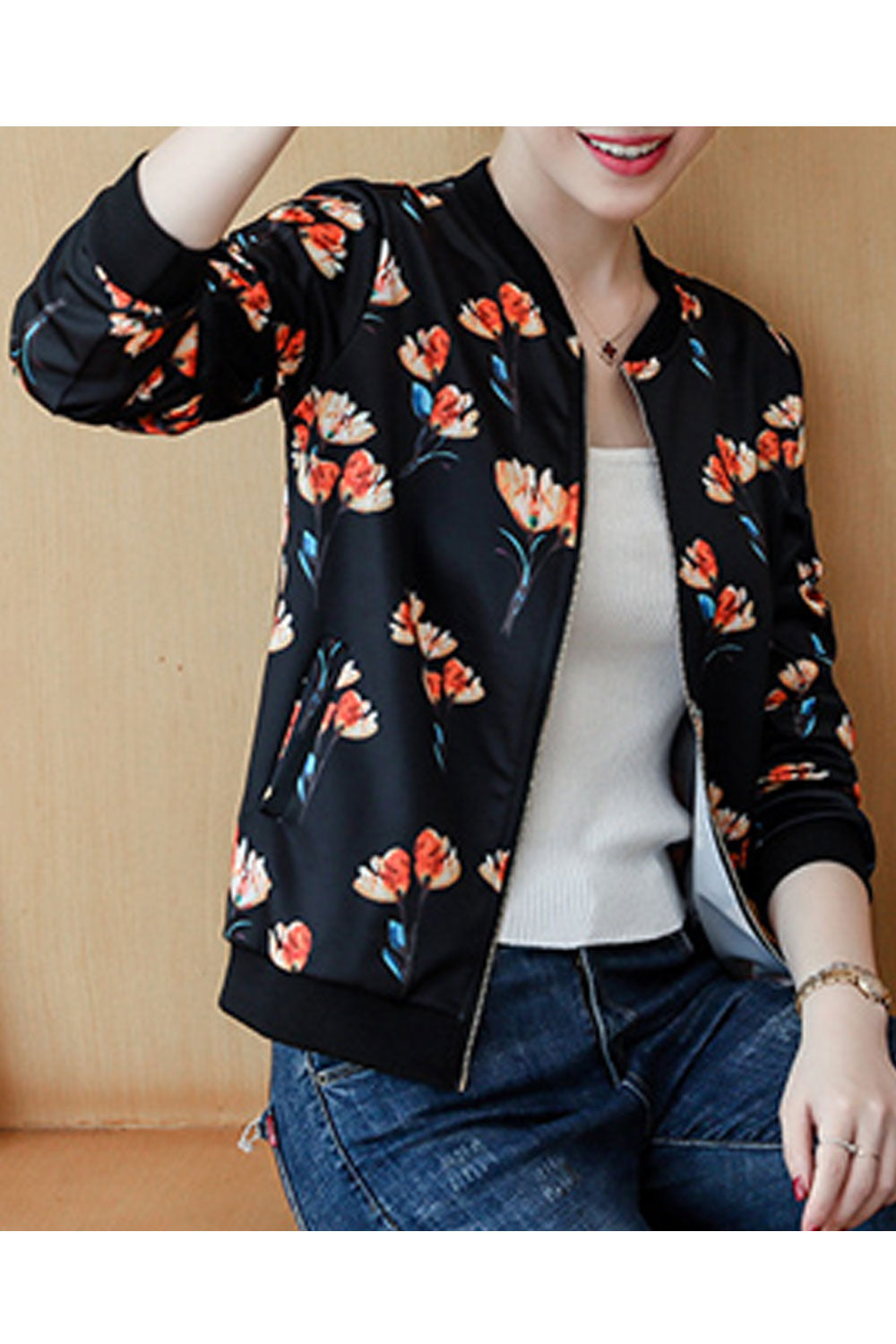 Women Fashion Zipper Closure Printed Casual Jacket