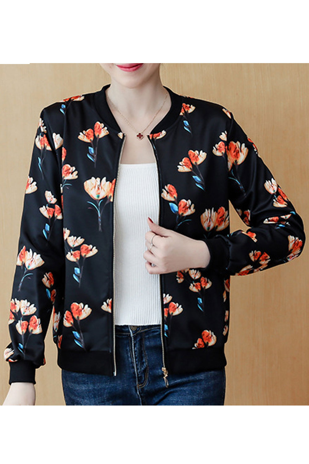 Women Fashion Zipper Closure Printed Casual Jacket