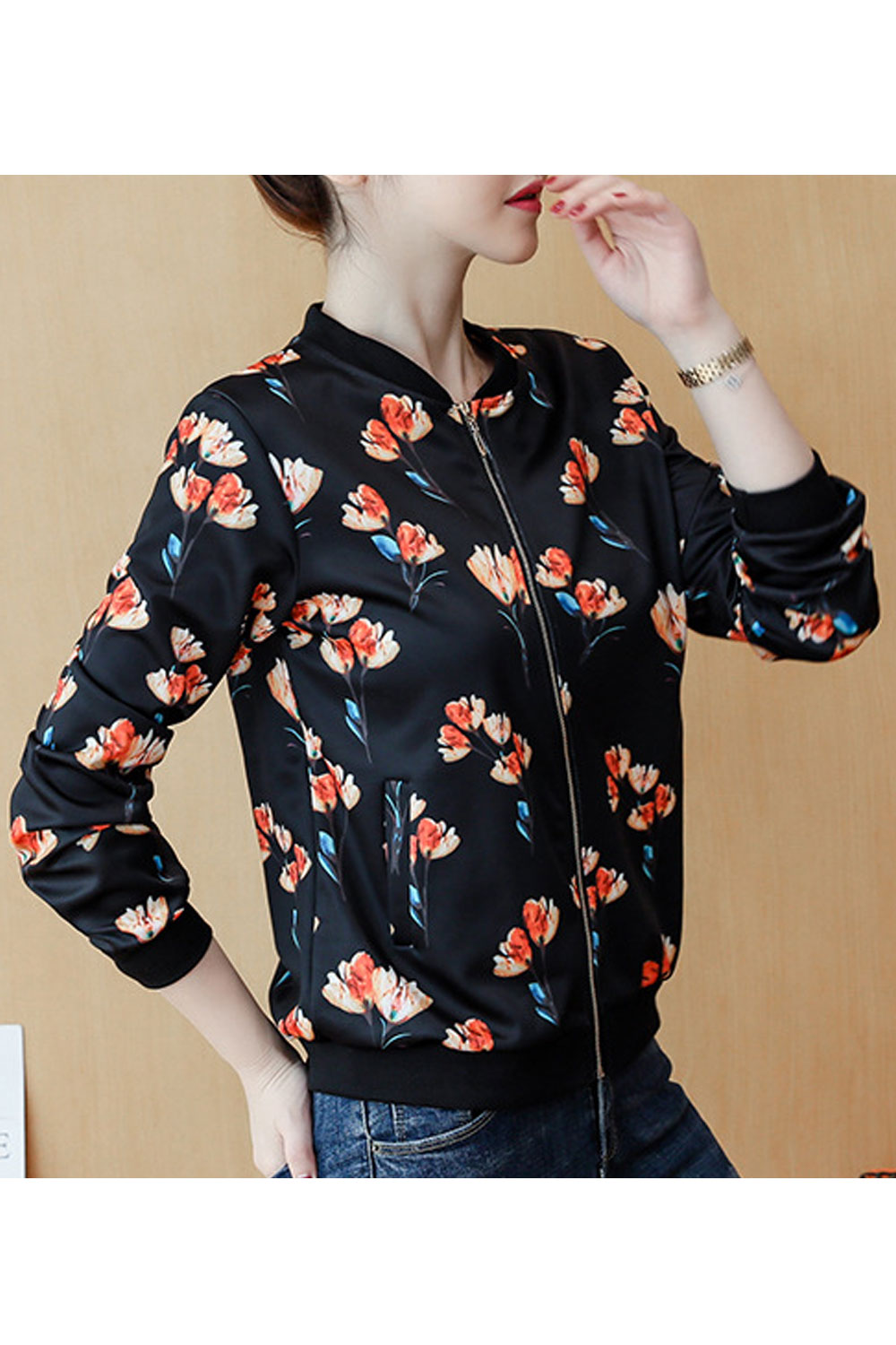 Women Fashion Zipper Closure Printed Casual Jacket