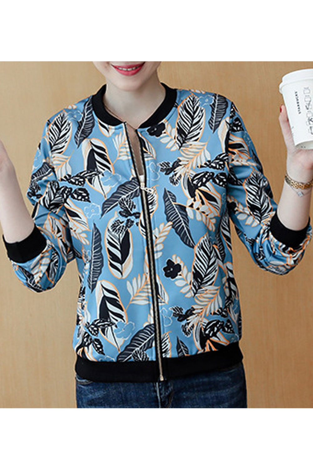 Women Fashion Zipper Closure Printed Casual Jacket