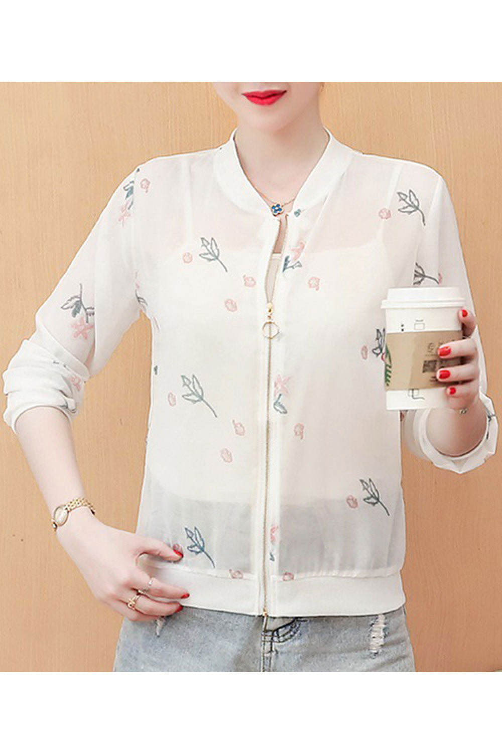 Women Floral Printed Awesome Zipper Closure Casual Jacket