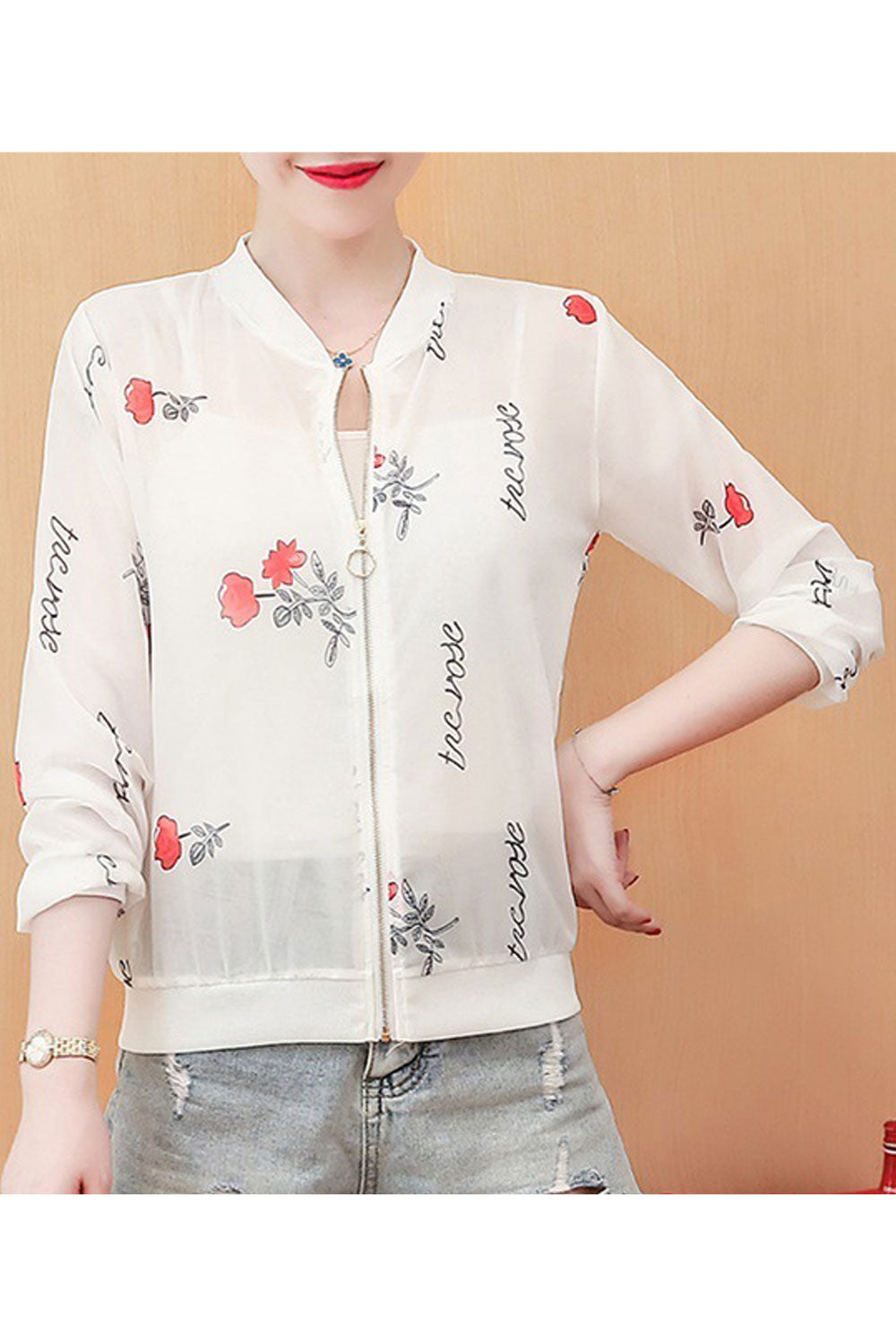 Women Floral Printed Awesome Zipper Closure Casual Jacket