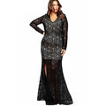 Women Long Lace Tight Lace Decorated Gown Black