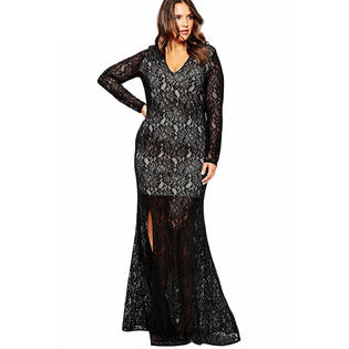 Women Long Lace Tight Lace Decorated Gown Black