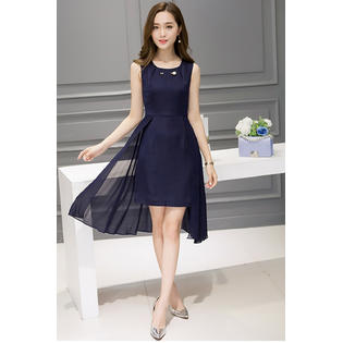 Women Sleeveless Solid Pattern Chiffon Cocktail Dress Navy