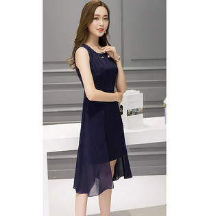 Women Sleeveless Solid Pattern Chiffon Cocktail Dress Navy