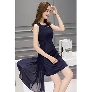Women Sleeveless Solid Pattern Chiffon Cocktail Dress Navy