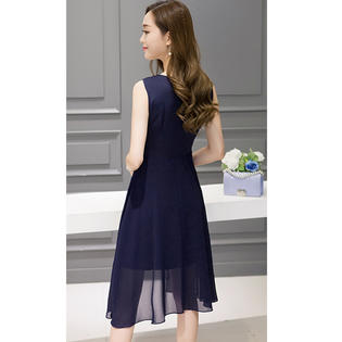 Women Sleeveless Solid Pattern Chiffon Cocktail Dress Navy