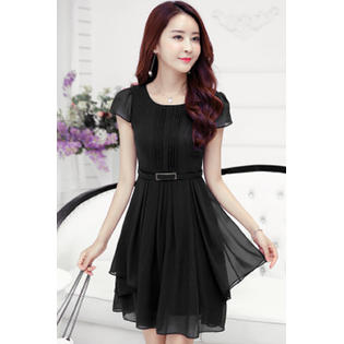 Women Short Sleeves Waist Fastening Skater Dress Black