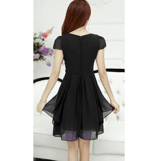 Women Short Sleeves Waist Fastening Skater Dress Black