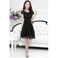 Women Short Sleeves Waist Fastening Skater Dress Black