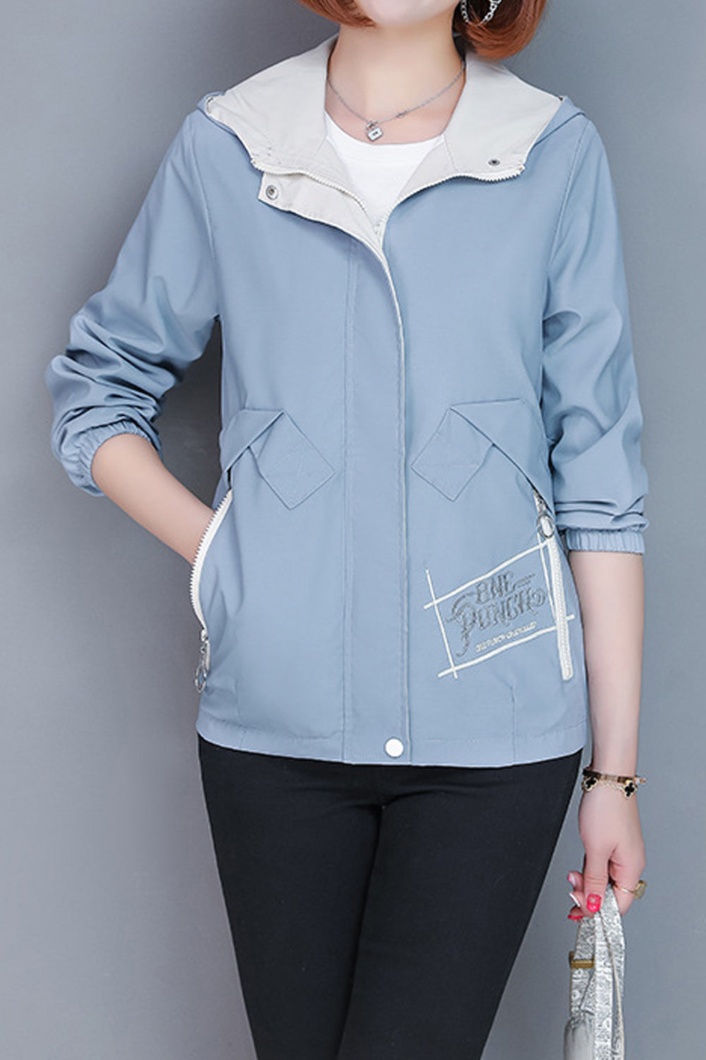 Women Pocket Style Hooded Neck Solid Colored Casual Jacket