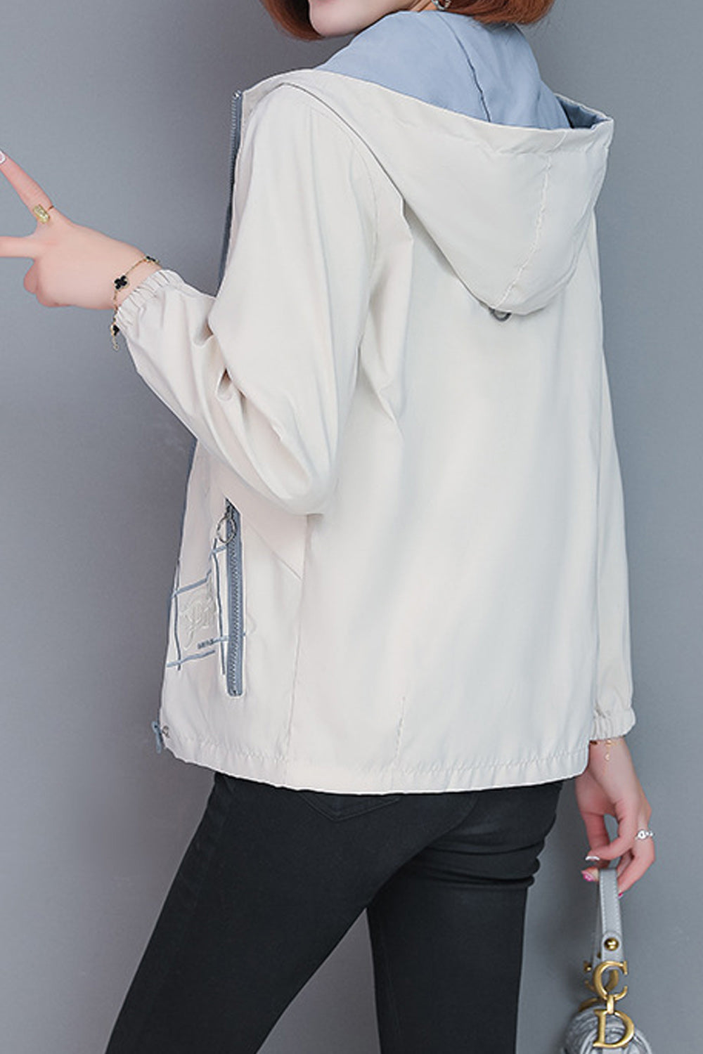 Women Pocket Style Hooded Neck Solid Colored Casual Jacket