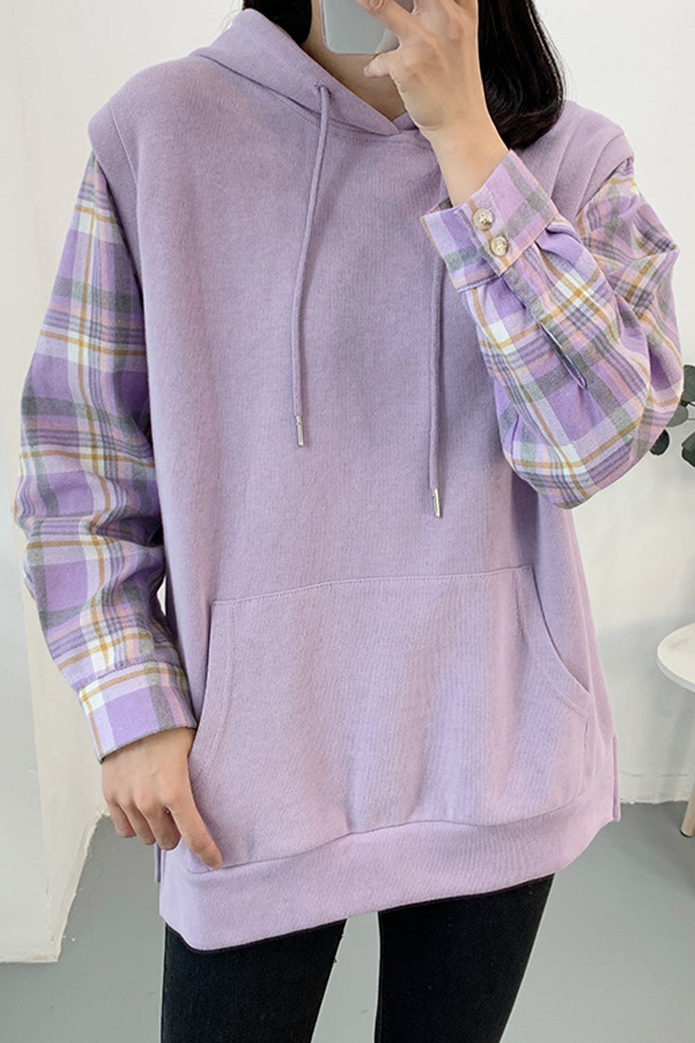 Women Plaid pattern Sleeve Hooded Neck Hoodie