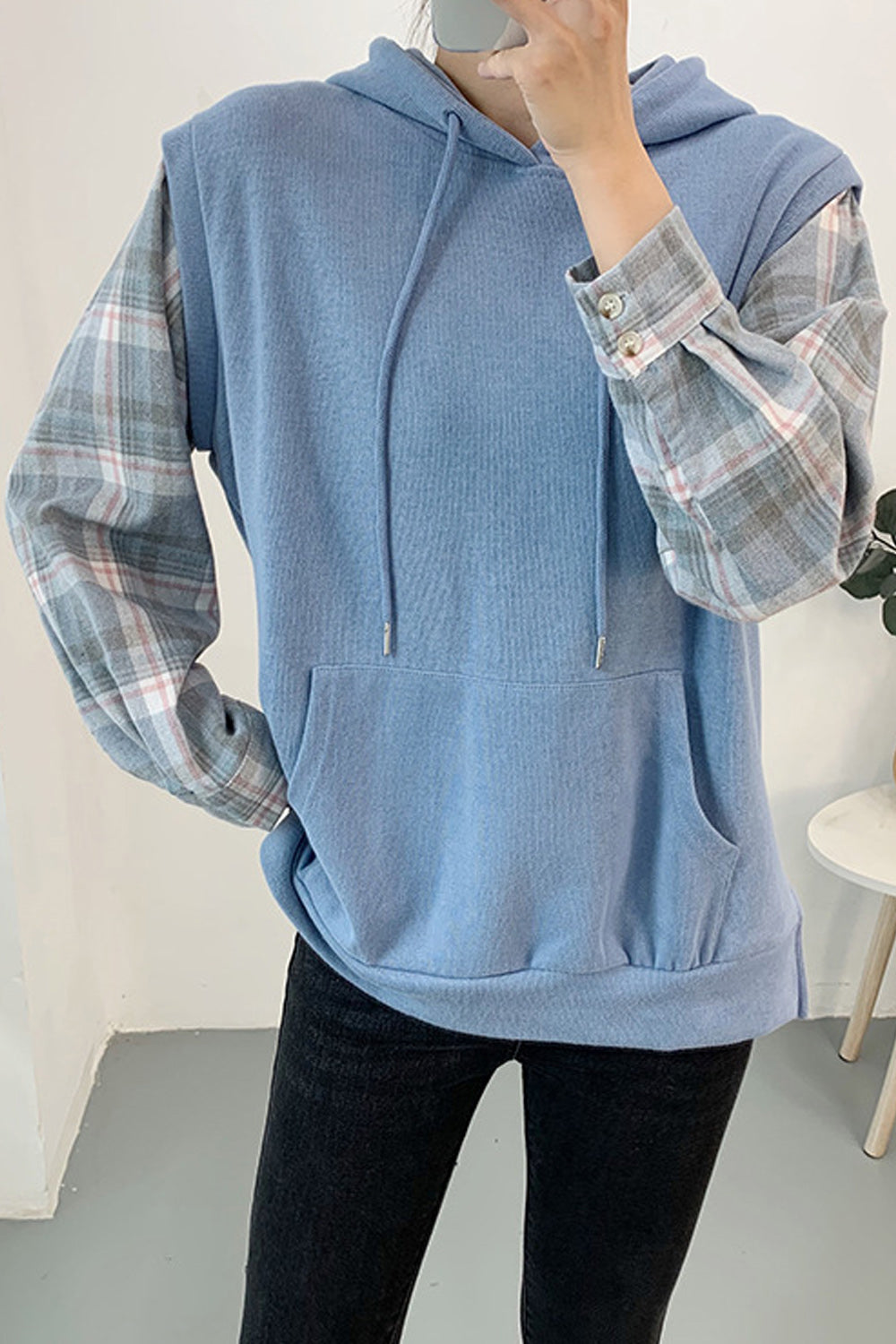 Women Plaid pattern Sleeve Hooded Neck Hoodie