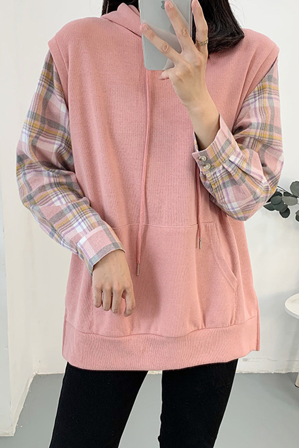 Women Plaid pattern Sleeve Hooded Neck Hoodie