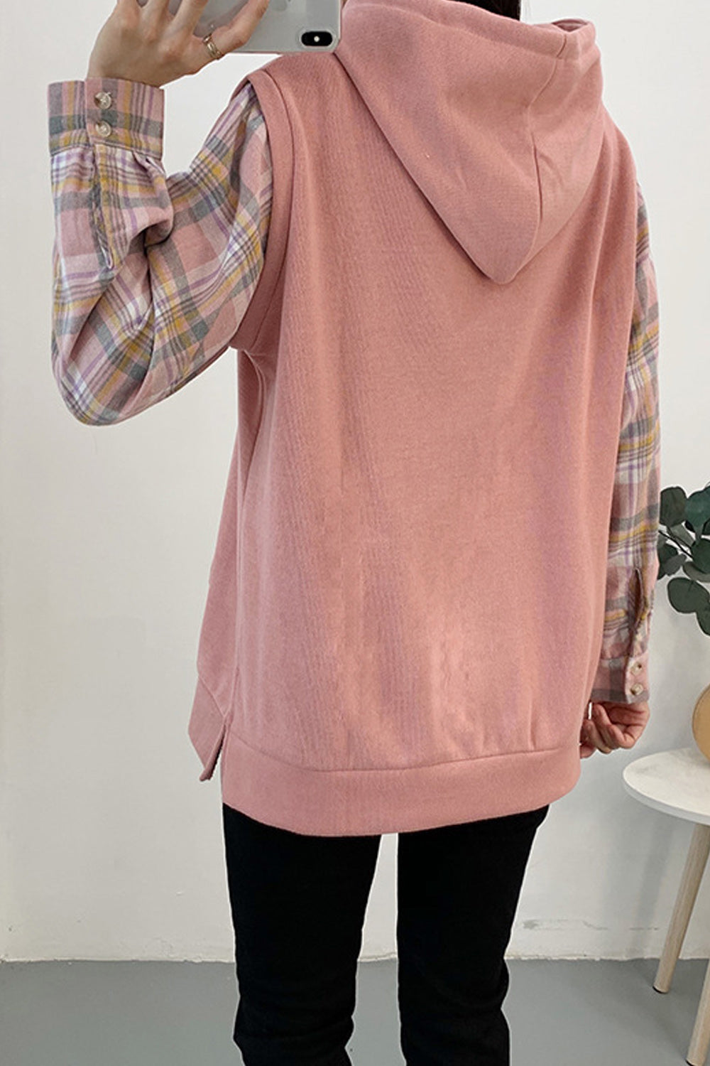 Women Plaid pattern Sleeve Hooded Neck Hoodie
