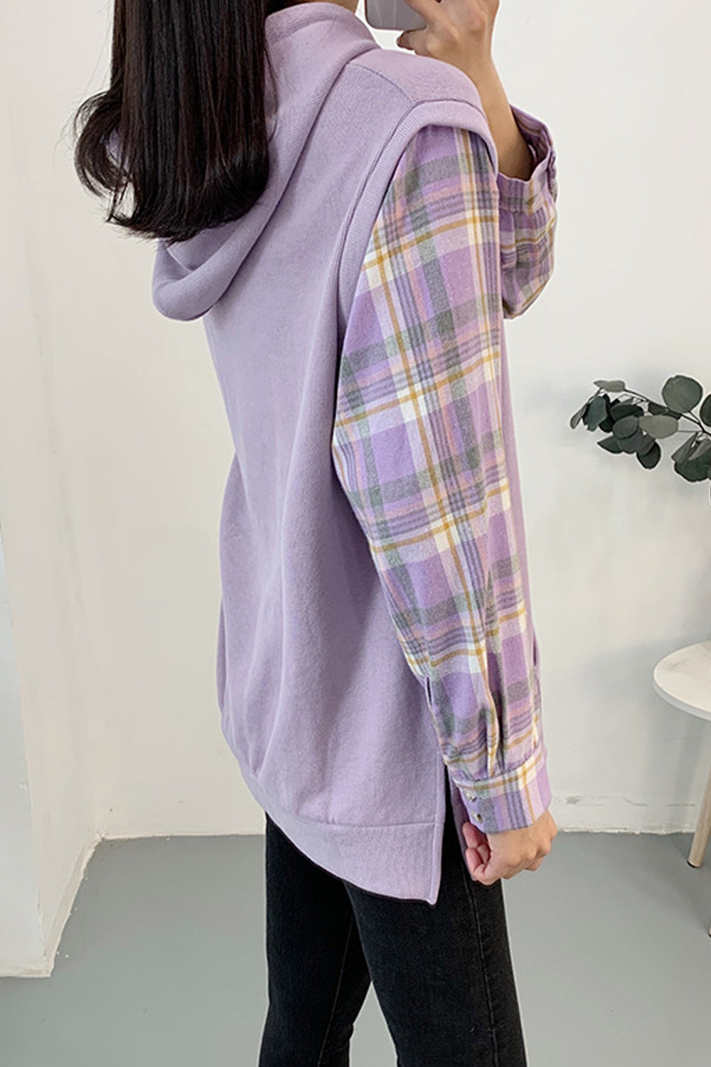 Women Plaid pattern Sleeve Hooded Neck Hoodie