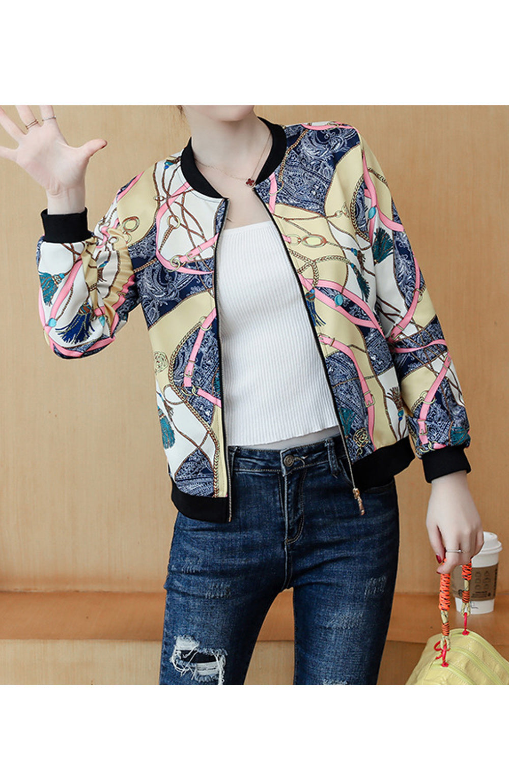 Women Thick Cotton Zip Up Winter Printed Casual Jacket